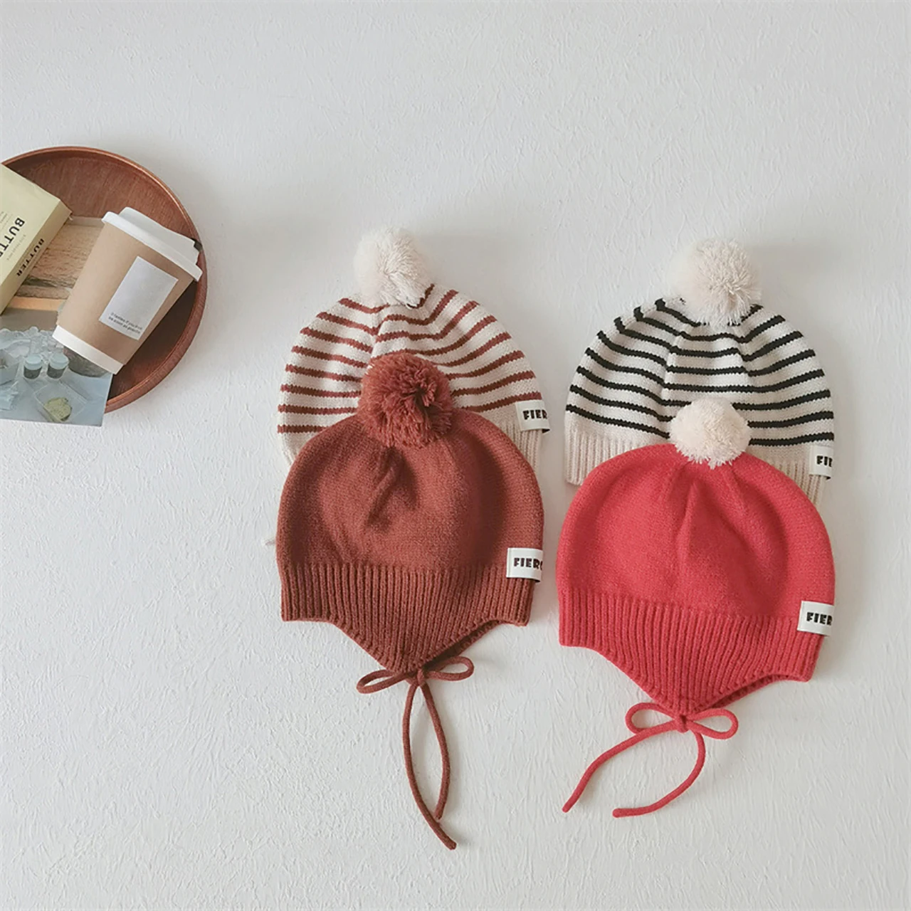 

Fashion Striped Children Ear Protection Hat Solid Color Woolen Knit Hat 2-6Year Kids Winter Warm Pullover Cap Plush Ball Beanies