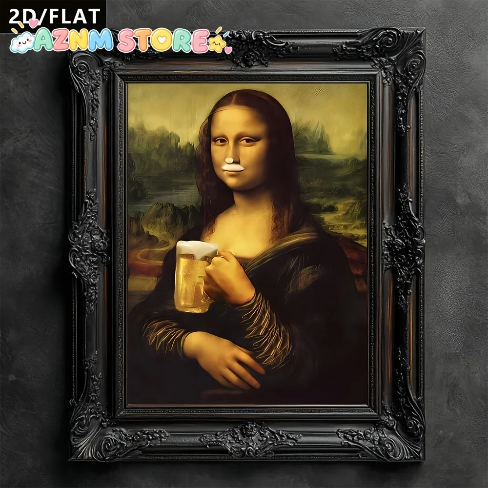 2D Flat, 1pc Retro Mona Lisa Beer Parody Poster - Vintage Suitable for Bedroom, Bathroom, Kitchen, Office & Coffee Shop Wall