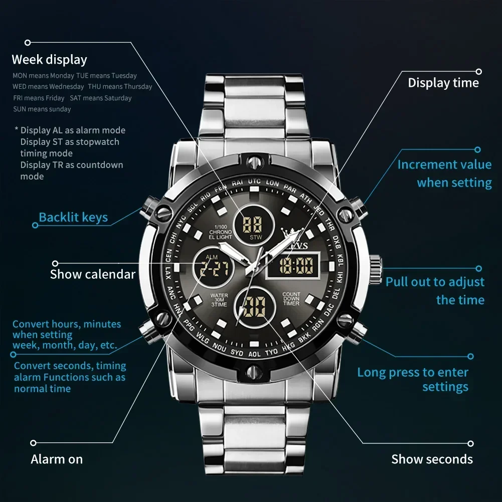 Olevs 1106 esporte relógio digital para homem complicação luxo cinta de aço inoxidável à prova dwaterproof água relógios de pulso alarme luminoso