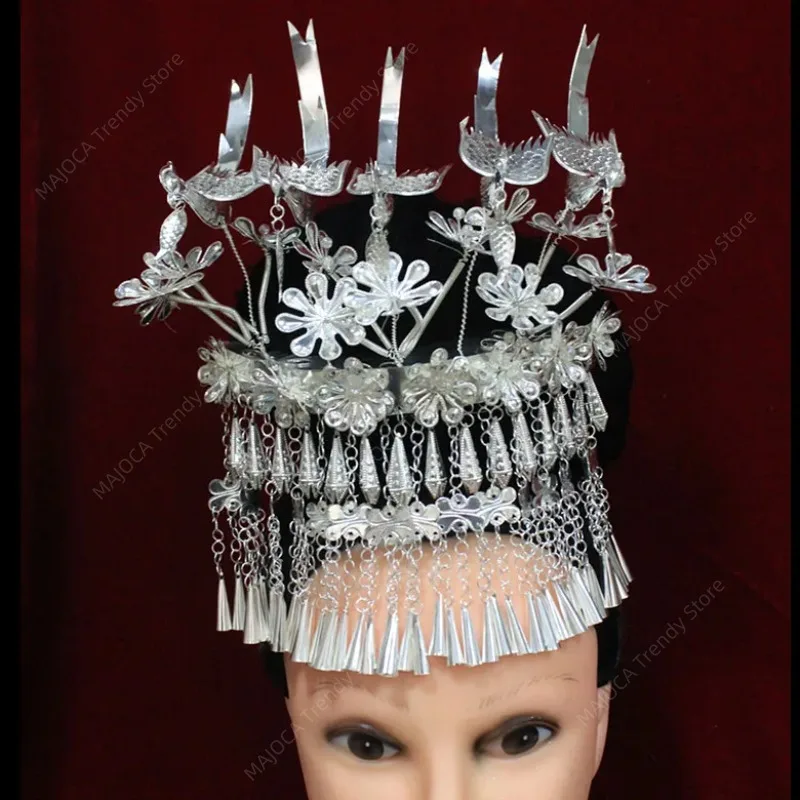 Homng Headwear Miao Silver Hat Miao Clothing Hair Accessories Orient Chinese Folk Style Dance Wear Headdress Hmong Jewelry