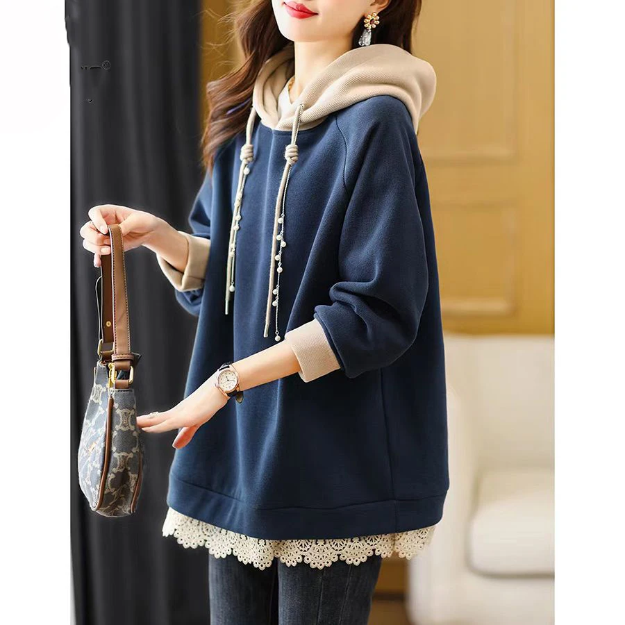 Elegant Pullover Hooded Sweatshirt for Women Loose Drawstring Hoodies Coat Casual Lace Patchwork Long Sleeve Pull Tops Female