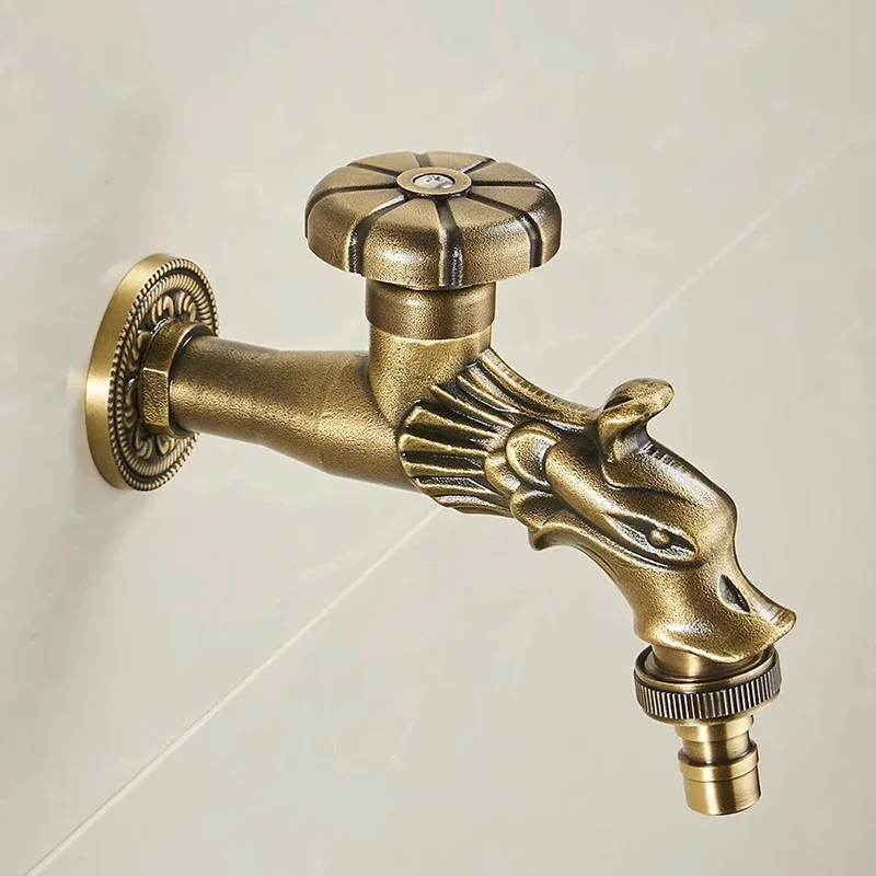 Antique Bibcock Faucet Brass Carved Dragon Outdoor Single Cold Faucet Mop Tap Garden Bibcock Washing Machine Faucet
