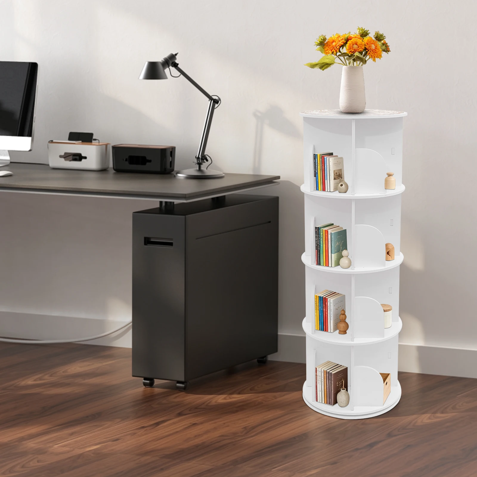 40×115.5cm 4-Tier Rotating Bookshelf, 132lbs Capacity, PVC Board & Alloy, White, 16 Compartments, 360° Swivel, for Bedroom, Living Room, Study, Office, Kids Room