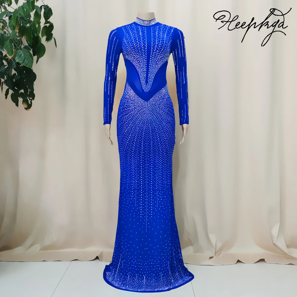 Long Sleeves Royal Blue Luxury Evening Dress High Neck Mermaid Chic Beading Crystals Women Prom Gowns For Wedding Party