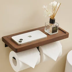 Walnut Toilet Storage Rack Tissue Holder Black Wooden Wall Vintage Luxury Toilet Rolls Paper Storage Shelf Bathroom Accessories