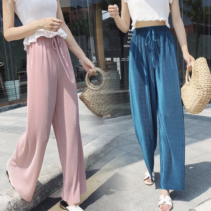 Stacked Pants Wide Leg Pants For Women Casual Elastic High Waist 2021 New Fashion Loose Long Pants Pleated Pant Trousers Femme