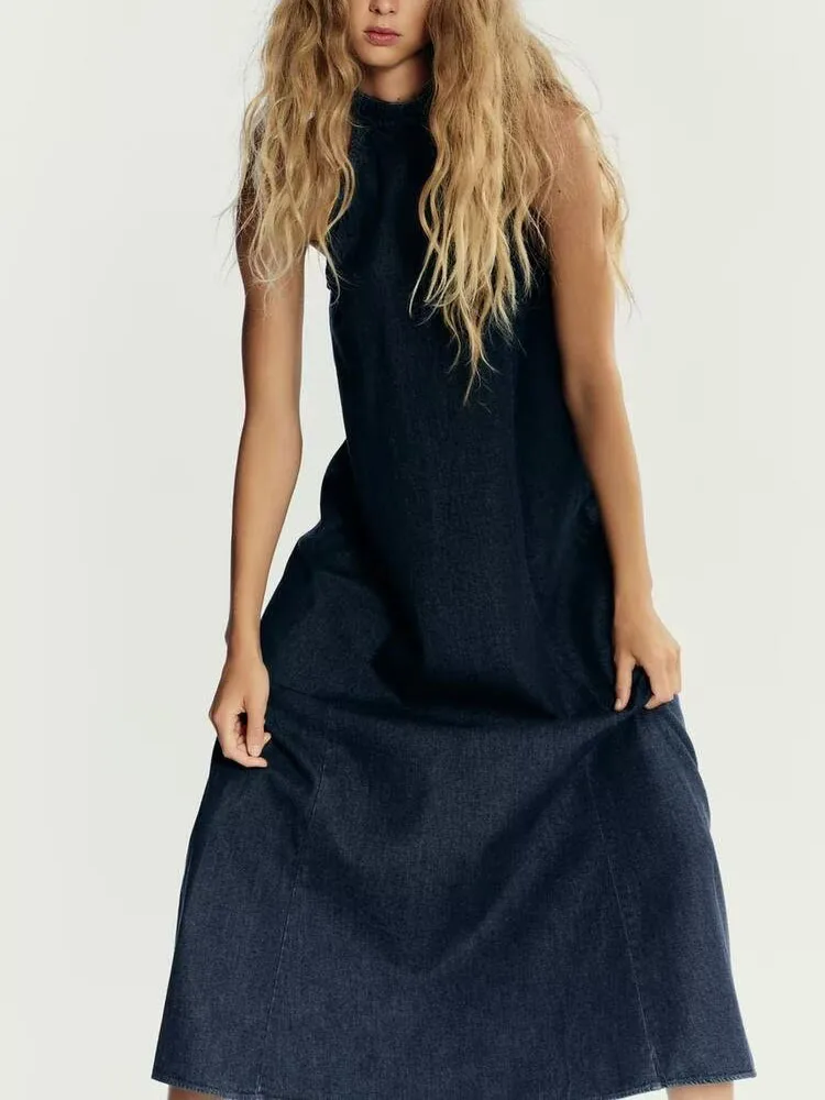 Jesień 2025 Nowa Modna Damska Sukienka Jeansowa z Długim Kołnierzem, Wysokim Stanem, Krój A, Jednolity Kolor, Inne 00%