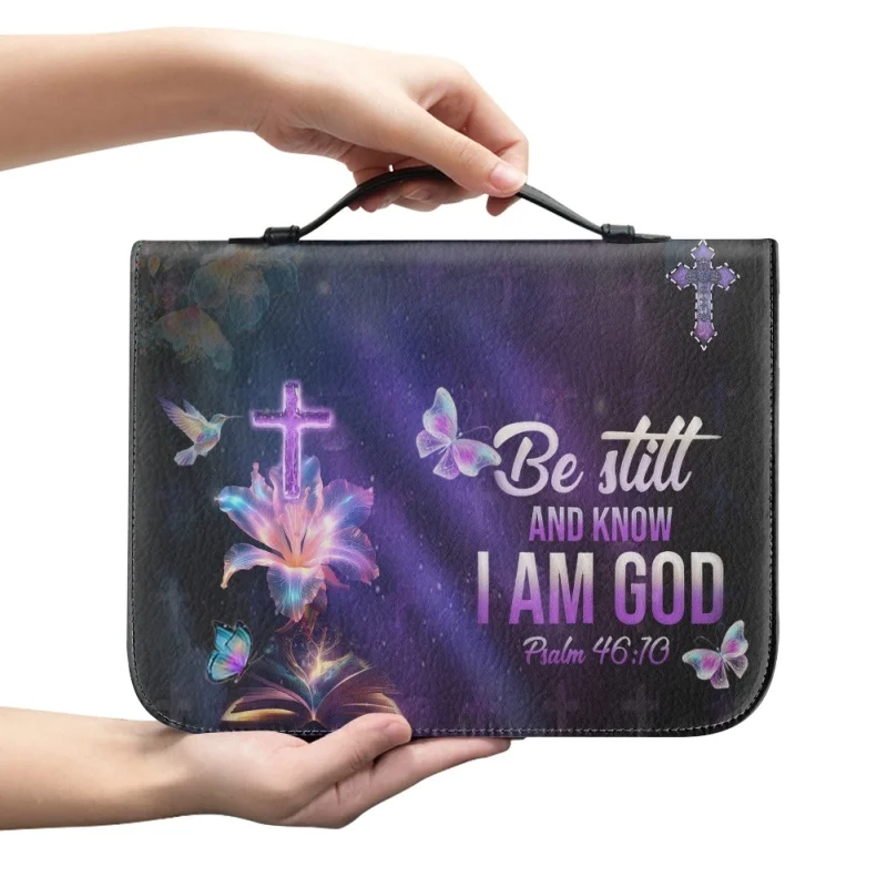 

Divine Tranquility with 'Be Still' Psalm Inscription Church Bible Cover Case PU Handbags Study Book Holy Storage Boxes For Women