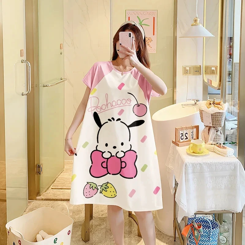 Kawaii Hello Kitty Summer New Ladies Nightdress Anime Sanrio Kuromi Pachacco Cartoon Cute Sweet Cotton Pajamas Homewear 2024