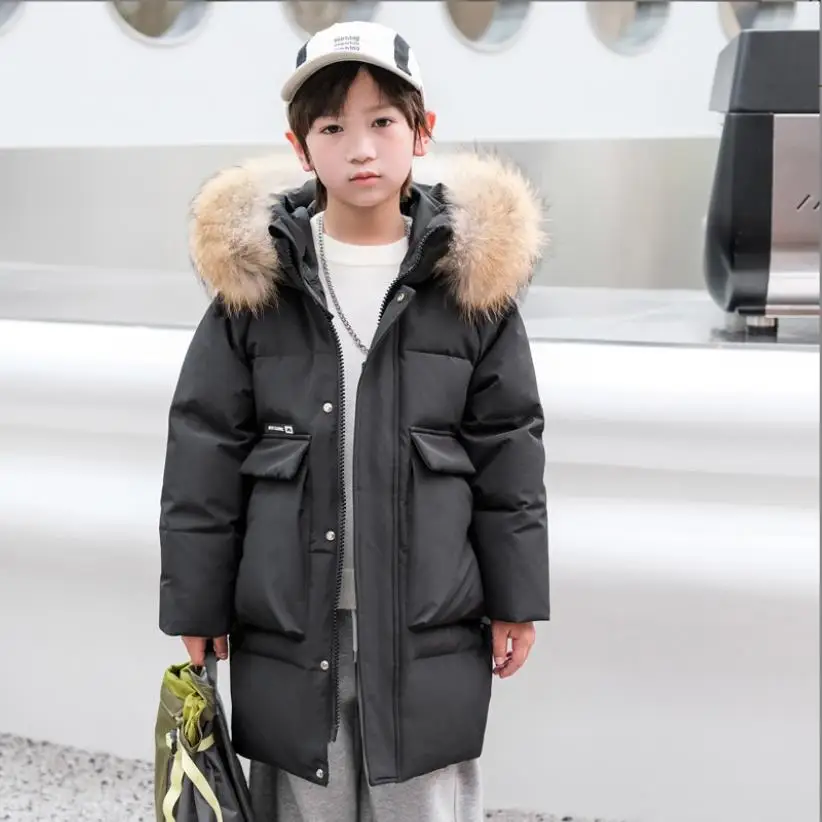 Boy Down Jacket Winter New Rela Fur Collar Down Outerwear Children Loose Thicker Big Pocket Down Coats 6-14 Years Wz1270