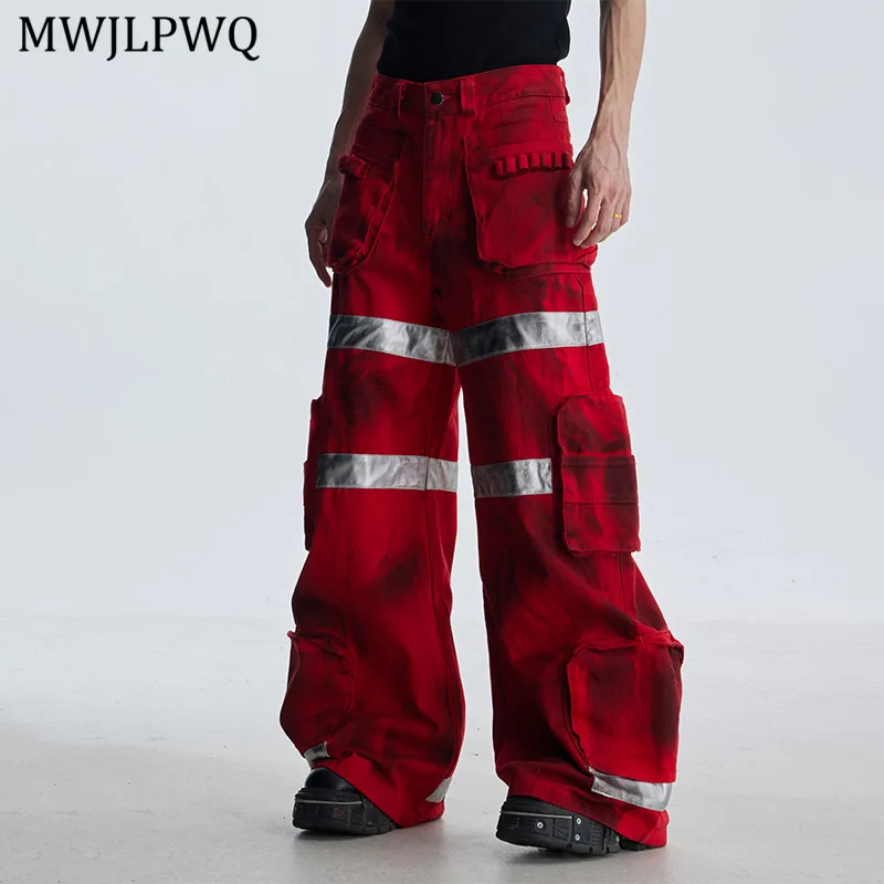 

MWJLPWQ Men's Dirty Dye Wide-Leg Jeans Heavy Industry High Street Outdoor Multi-Pocket Design Casual Long Pants Hiphop 11627