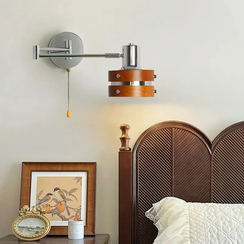 Nordic LED Wall Lamp Folding Rocker Arm Wall Light Solid Wood Retractable Sconces Indoor Lighting Room Decor For Bedside Bedroo