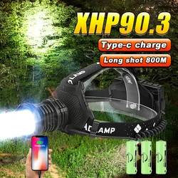 High Powerful Led Headlamp Type-c Rechargeable Headlight Super Bright XHP90.3 LED Head Lamp Outdoor Waterproof Fishing Headlight