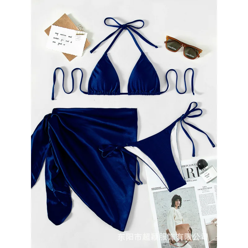 Satin Fabric Swimsuit New Style Three-Piece Sexy Beach BikiniinsGlossy Hot-Selling Swimwear