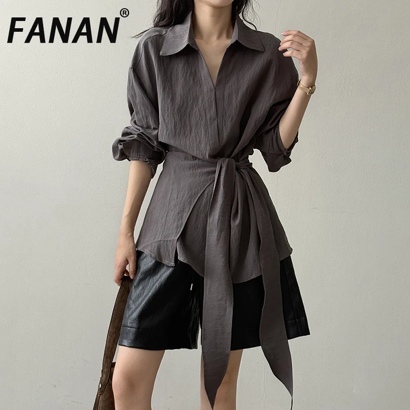 FANAN Camicie di design con vita arricciata irregolare per le donne Camicette a maniche lunghe con risvolto Solid Office Lady Top Fashion 2025 Autunno Nuovo