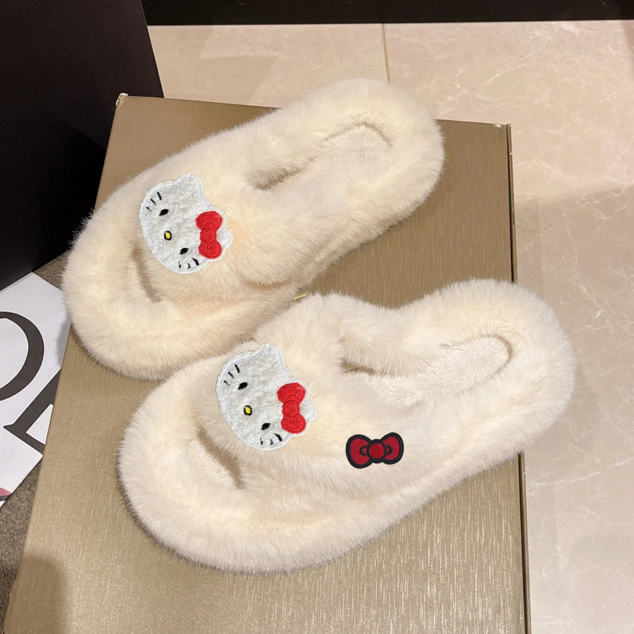 

Sanrio hello kitty, хлопковая обувь, модные меховые тапочки, женские осенне-зимние удобные домашние хлопковые тапочки на платформе, увеличивающие рост