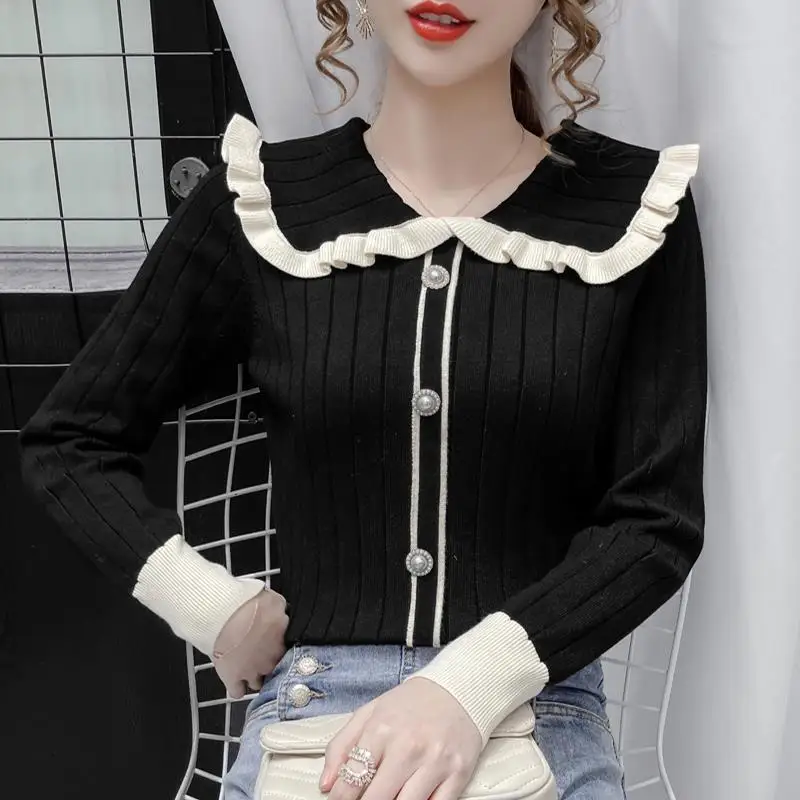 Stylish Peter Pan Collar Button Spliced Sweaters Female Clothing 2022 Autumn New Oversized Casual Pullovers All-match Sweet Tops