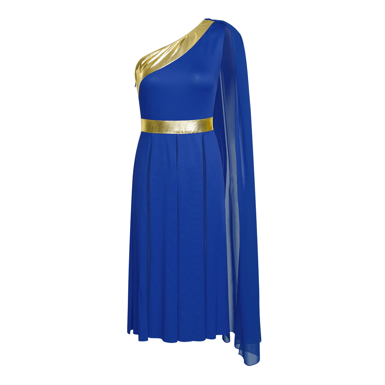 Womens Adults Lyrical Worship Praise Dance Dress One Shoulder with Drape Sleeveless Metallic Slit Hem Tunic Dress Dance Costume