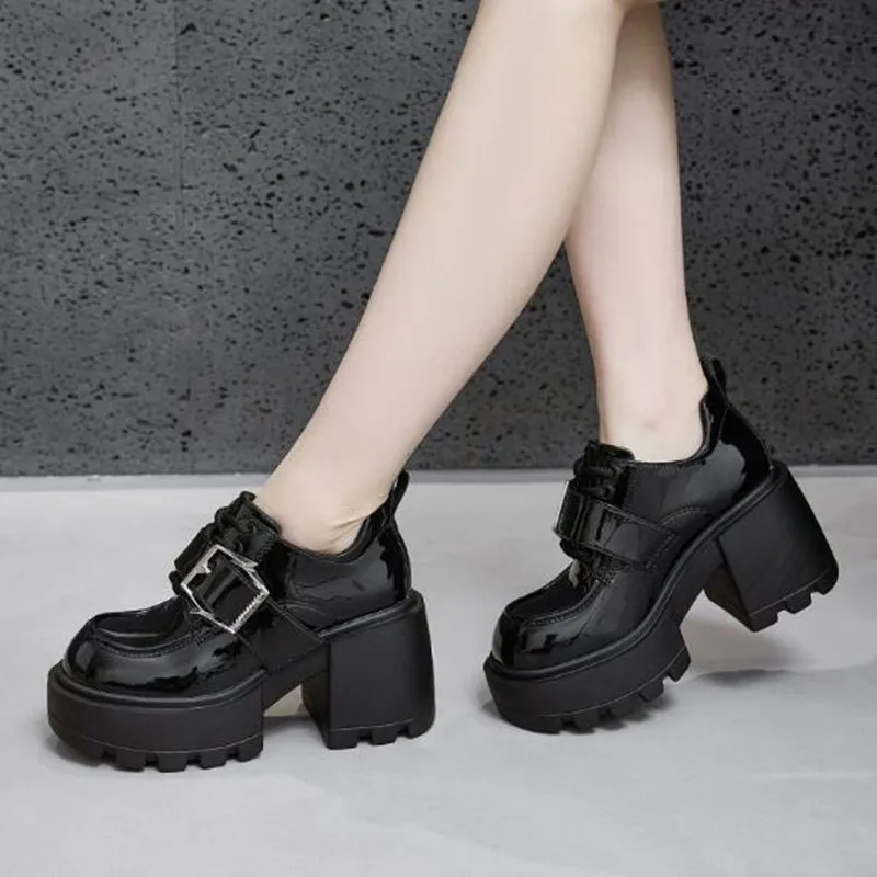 2026 New 8.5cm Square Thick High Heels Women Summer Autumn Patent Leather Pumps Female Leisure Concise Mary Janes Oxfords Shoes