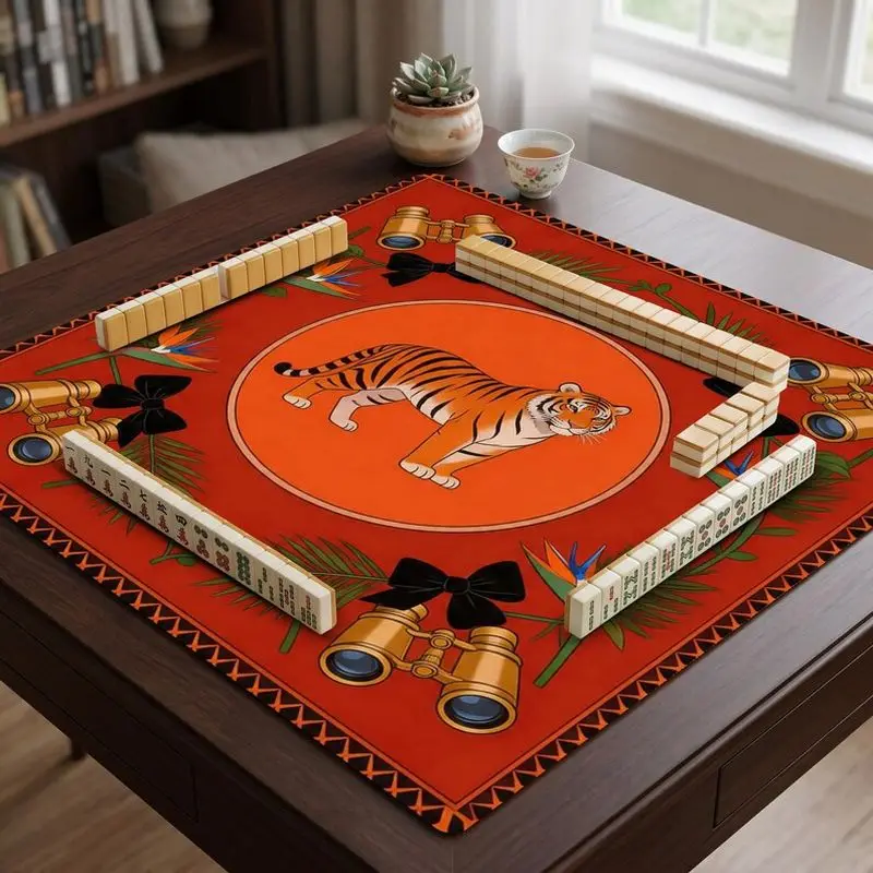 VIKAMA Retro Red Tiger Mahjong Mat Non Slip Silent Rubber Foldable Waterproof Game Pad For American Mah Jongg Home Party