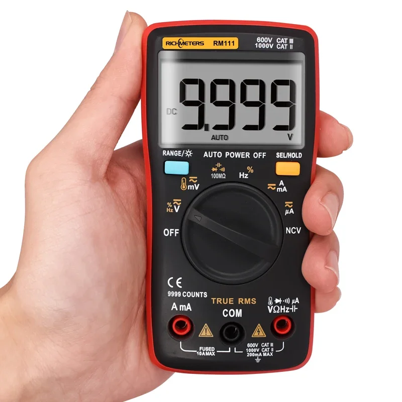 RM111 Auto Range Digital Multimeter AD/AC Voltage 9999 Counts LCD Display Backlight Diode Test Temperature True Rms