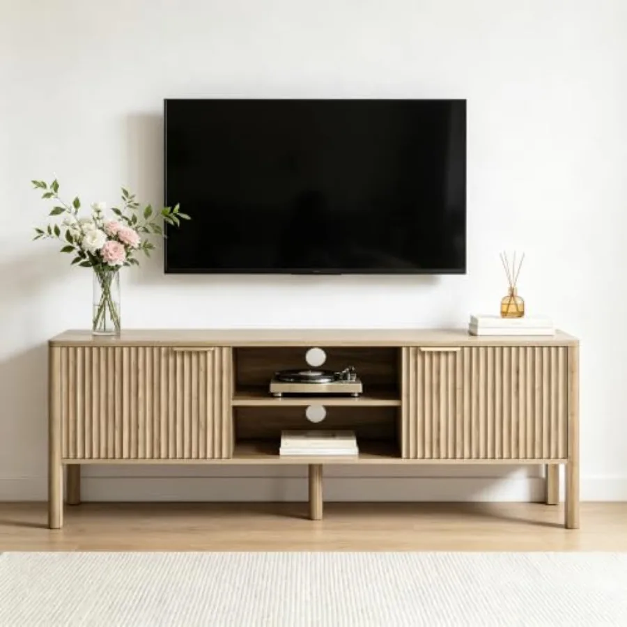 Modern fluted TV stand for living room bedroom use, MDF wood in matte black, with adjustable shelves and concealed storage