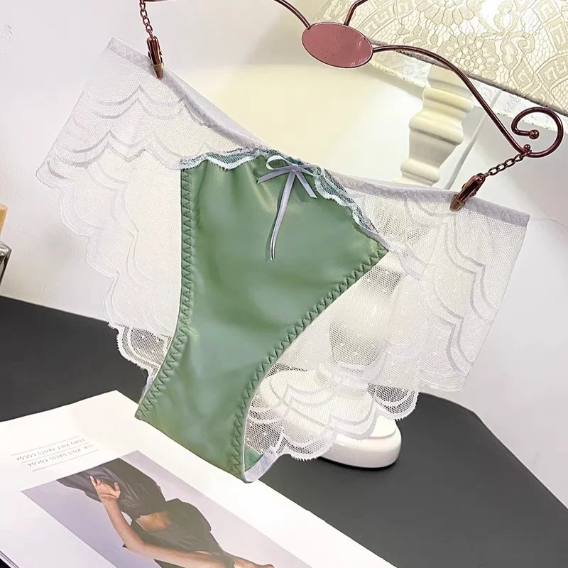 Celana dalam wanita, pakaian dalam wanita Satin renda tembus pandang ultra tipis jala katun selangkangan pinggang rendah Lingerie Prancis