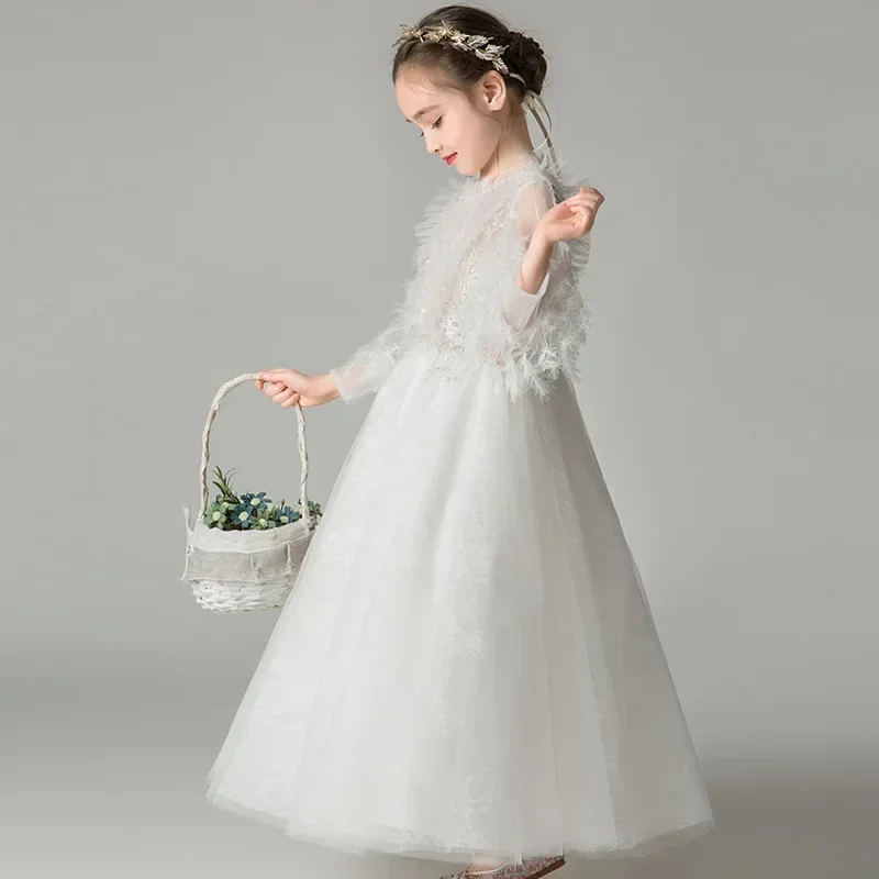 Children\'s dress, princess dress, flower girl white fluffy gauze, long sleeved dinner party girl\'s birthday, dignified walking