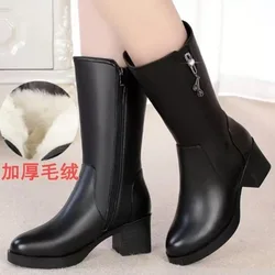 2025 Winter Women's Boots Fashion Leather Middle Boots Plush Warm Snow Boots for Women Outdoor Platform Cotton Shoes Botas Mujer