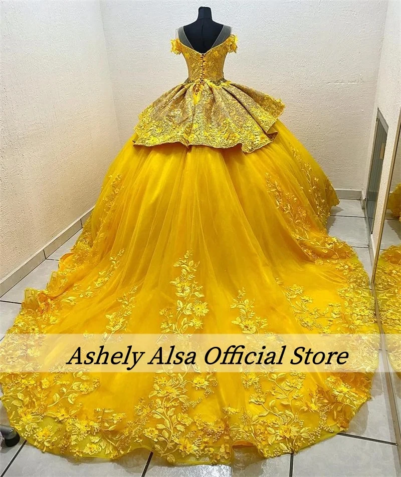 ที่กําหนดเองหรูหราสีเหลือง Quinceanera ชุดหวาน 16 ปีชุดบอลวันเกิด Party Prom Dresses Vestido 15 Anos Robe De Soiree