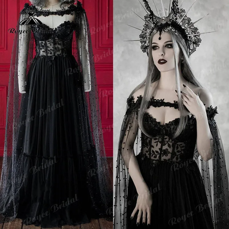 Escuro de conto de fadas gótico preto vestidos de casamento com corpete cupped fantasia vestido de noiva do dia das bruxas manto de casamento sexy 2023