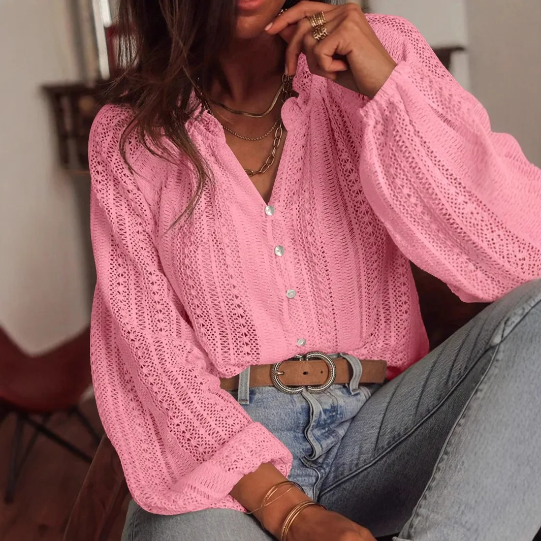 

Hollow Lace V-neck Single Breasted Long Sleeved Pullover Shirt Women Button Pink Korean Blouse Bluzas Con Encajes Para Dama Tops