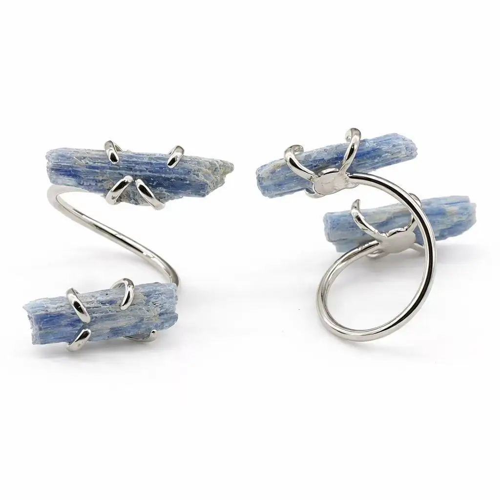 Natural Raw Blue Kyanite Crystal Ring Adjustable Open Claw Setting Ring Silver Color Irregular Stone Jewelry for Women Girls