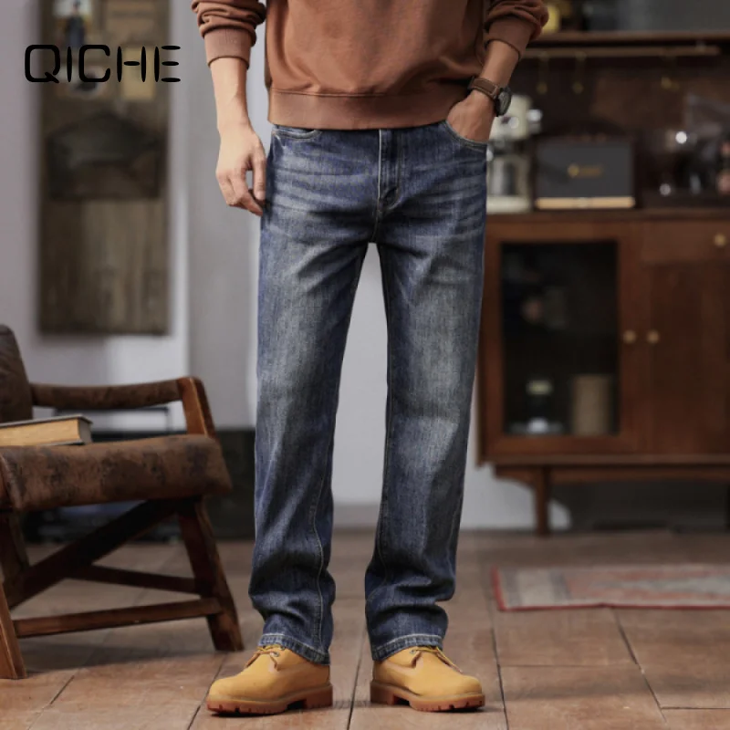 QICHE 2026 New Men Retro Graphite Washed Denim Pants American Heavy Craft Spring Autumn Trendy Versatile Jeans