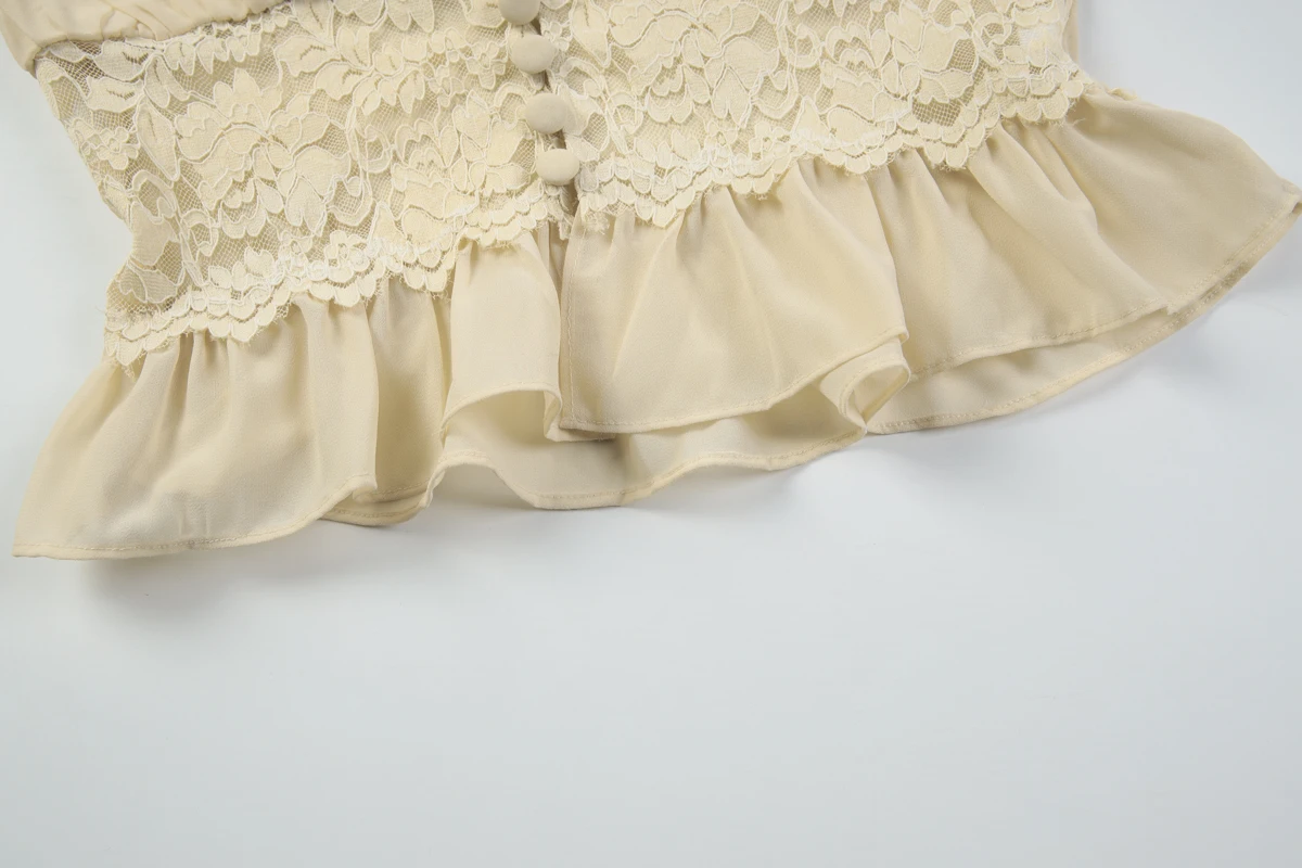 Hugcitar Modische 2-teilige Sets mit V-Ausschnitt, langen Ärmeln, Knöpfen, Patchwork-Spitzenoberteil, Kordelzug, plissiertem Maxirock, Urlaubsoutfit für Damen – Detail 7