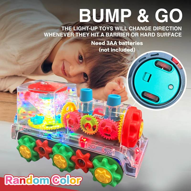 電動歩行小型電車のおもちゃ、透明なギア回転、カラフルな音と光、赤ちゃんへの理想的な贈り物