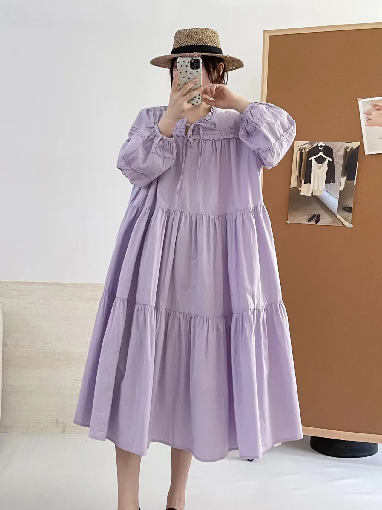 Vestido japonés dulce Mori Girl de Color sólido con volantes para mujer otoño nuevo lindo cuello con cordones manga larga Casual vestidos Midi sueltos