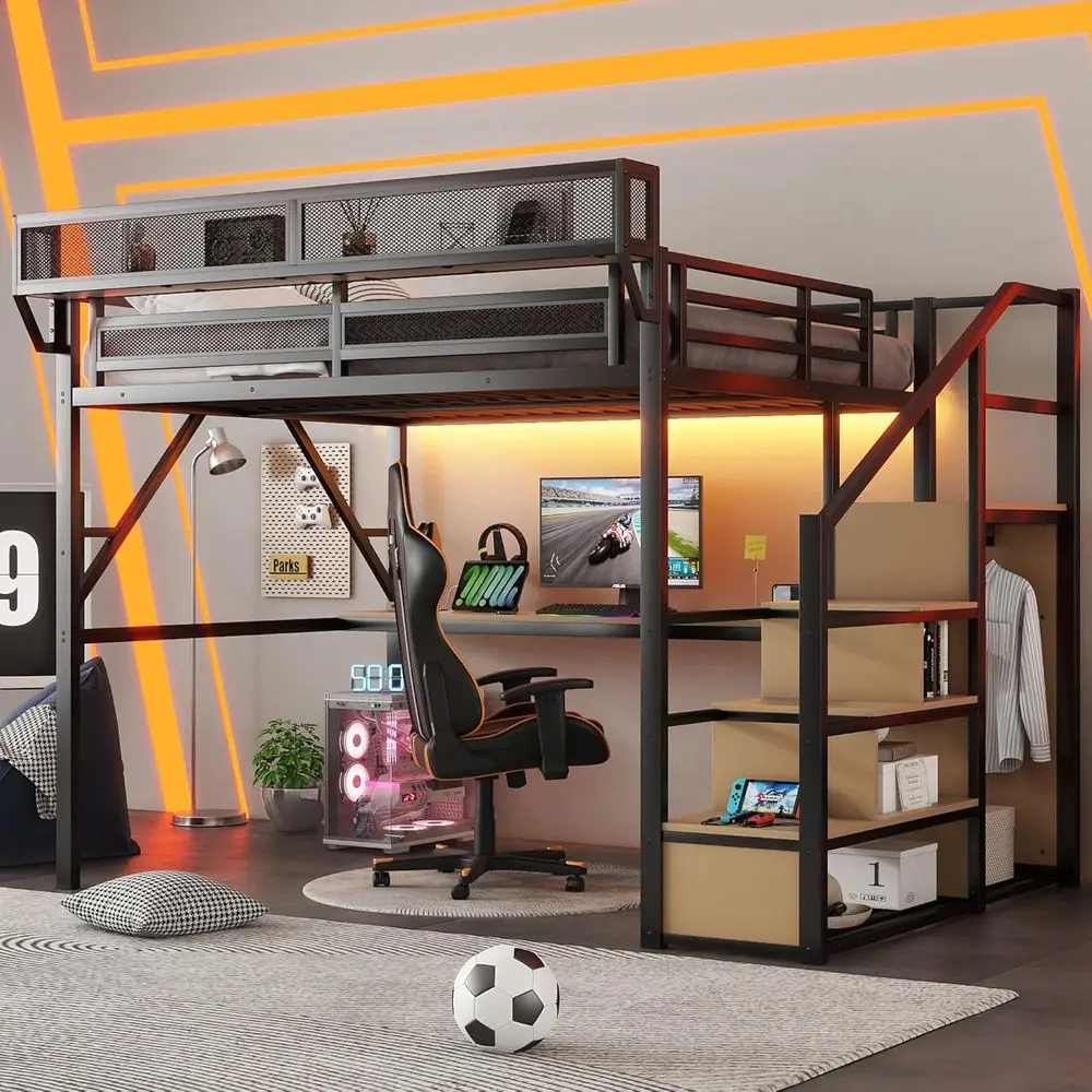 Queen Size Lot Bed with Desk & Stairs, Heavy-Duty Lot Bed e with Charging Station & RGB Light, Metal Beds e or Kids Teens Adults