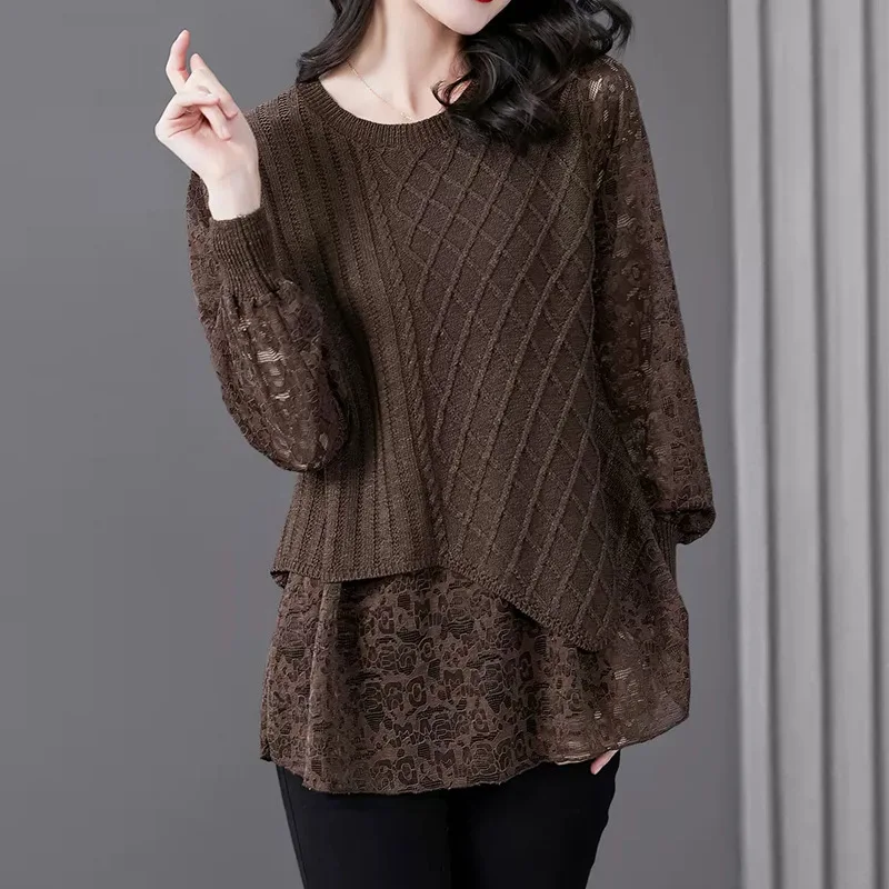 Chemisier faux col rond pour femme, chemise surdimensionnée en dentelle, à la mode, Patchwork, ourlet irrégulier, haute qualité, automne 2022, 2 pièces