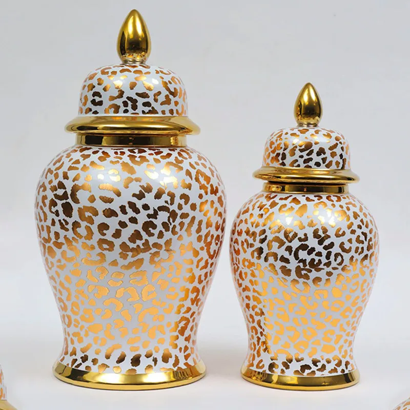 

Ceramic Checkmate Jar Golden Leopard Print Porcelain Ginger Jar Flower Vase Vintage Bottle Storage Tank Home Decoration
