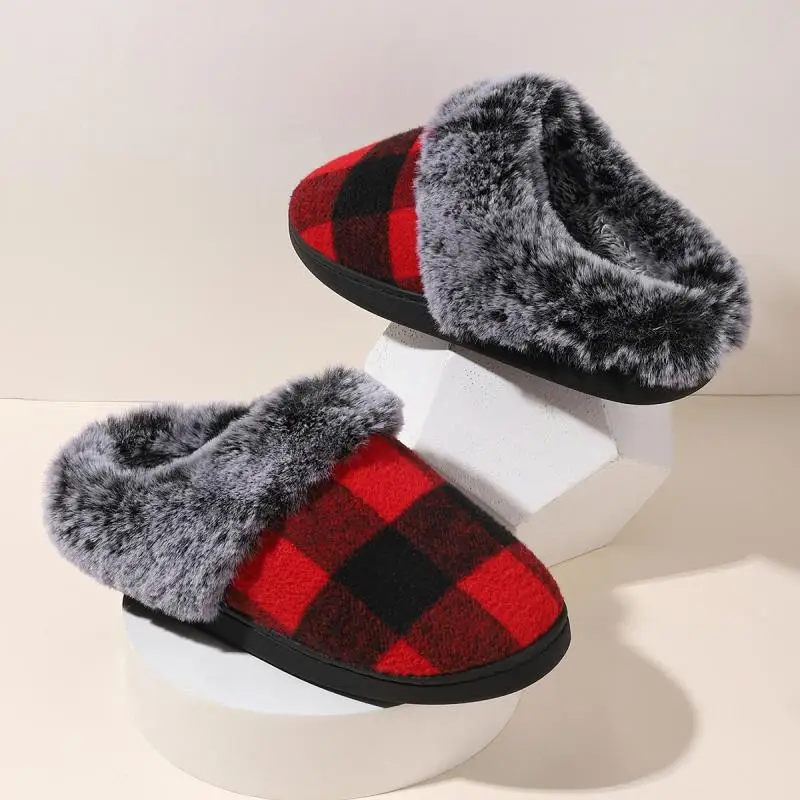 

Plaid Fluffy Slippers Women House Flats Winter Designer Shoes Ladies Home Casual Plush Warm Platform Elegant Footwear Large Size