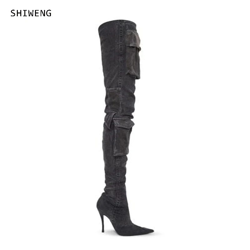 

2025 Black 44 Denim Boots for Women Pointed Toe High Heel Over Knee High Boots 3D Pockets Autumn Long Boots Thin High Heel