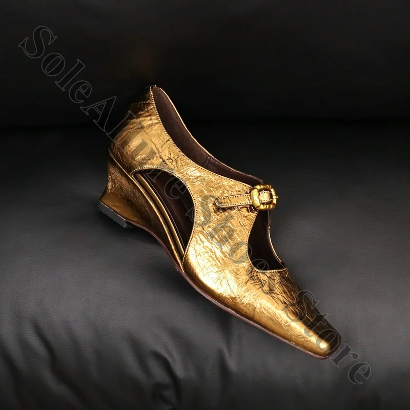 Vintage Gold Buckle Wedge Pumps Crinkled Dark Brown Hollow Leather Grace Office Pumps