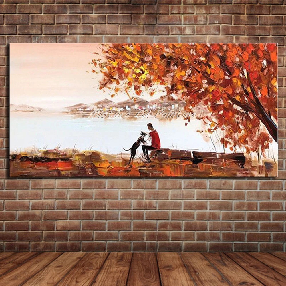 Mintura Oil Paintings for Living Room,Home Decor Acrylic Canvas,Dogs and People Under a Maple Tree  Poster Art Picture No Framed