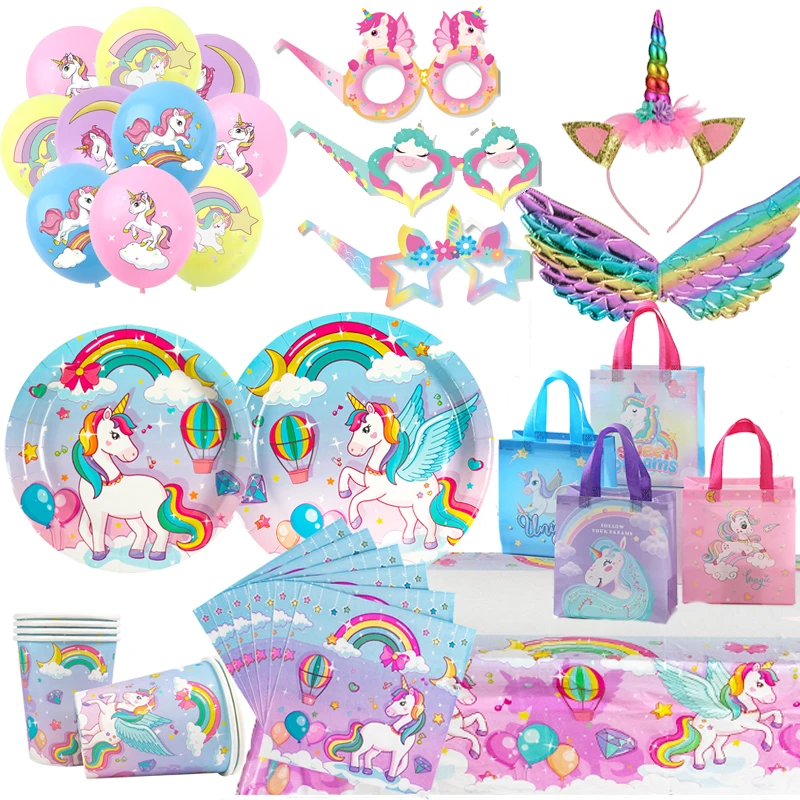 Regenbogen Einhorn Partyzubehör Einhorn Dekoration Pappteller Tasse Geschenktüte Kuchenaufsatz für Babyparty Mädchen Geburtstag Parry Dekor