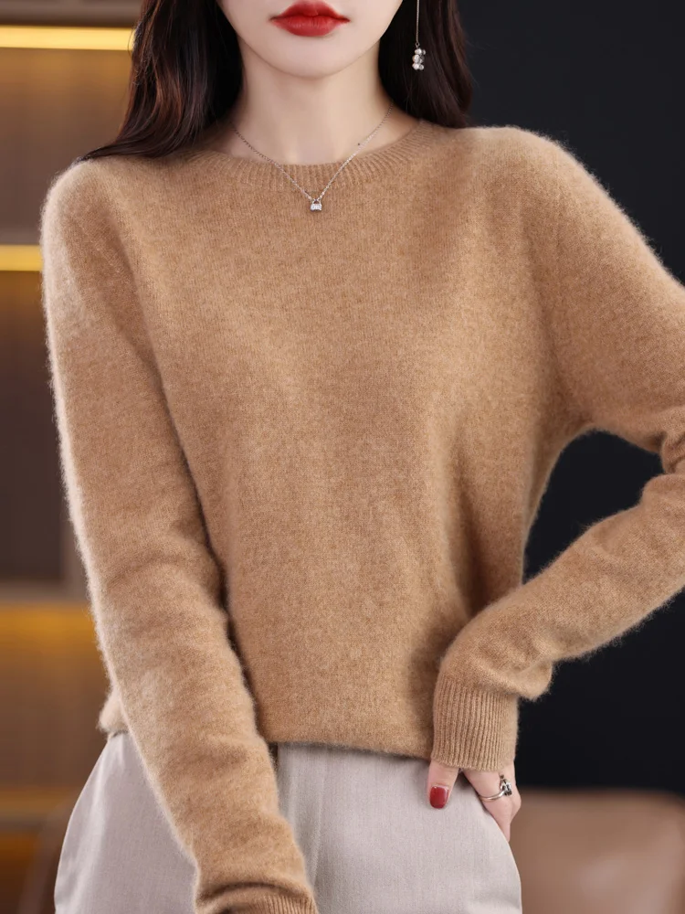 2024  Fashion Versatile Solid Color Spring Autumn New Women 100% Merino Wool Sweater O-neck Basic Cashmere Pullover Clothing Top