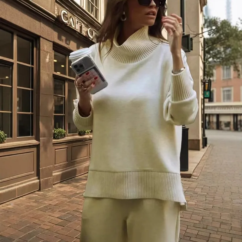 ربيع الخريف فضفاض البلوز غير رسمي مجموعة 2 قطعة مجموعات الزي النسائي نصف عالية الرقبة طويلة الأكمام البلوز واسعة الساق السراويل العصرية #4