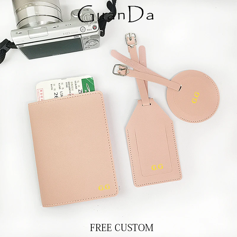 Custom Name Travel Passport Cover Round Luggage Tag Personalized Suitcase Label With Air-tag Bag PU Leather Luxury Dropship Gift