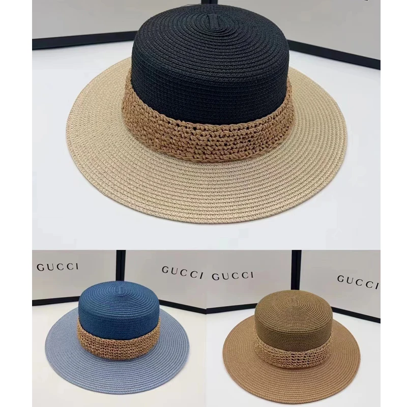 Korean Style Summer Stitching Three Color Wide Brimmed Straw Hat Women's Ultraviolet Beach Sun Hat Foldable Fashion Bucket Hat