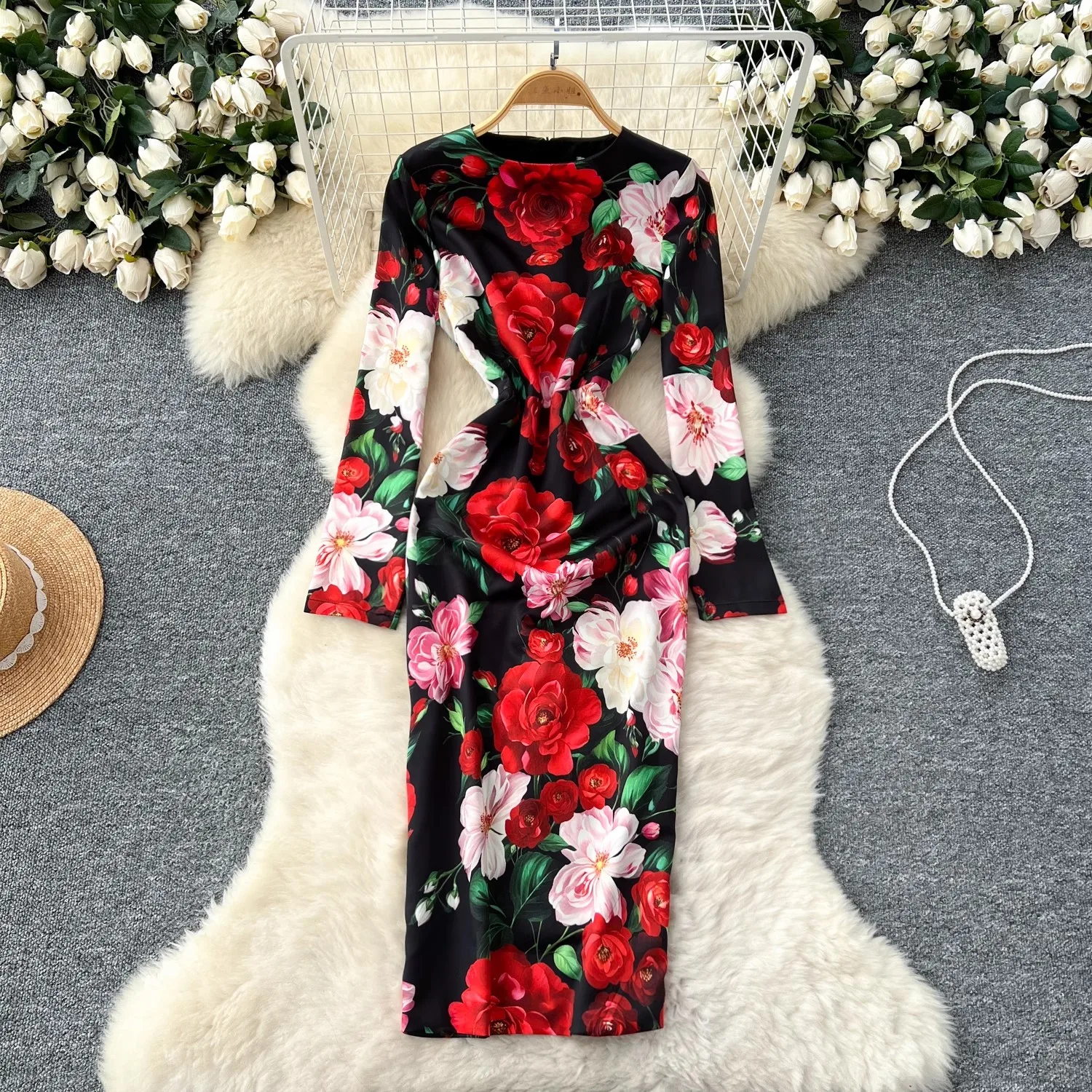 

Summer Runway Elegant Gorgeous Flower Package Hip Split Dress Women's O-Neck Long Sleeve Slim High Street Bodycon Party Dress